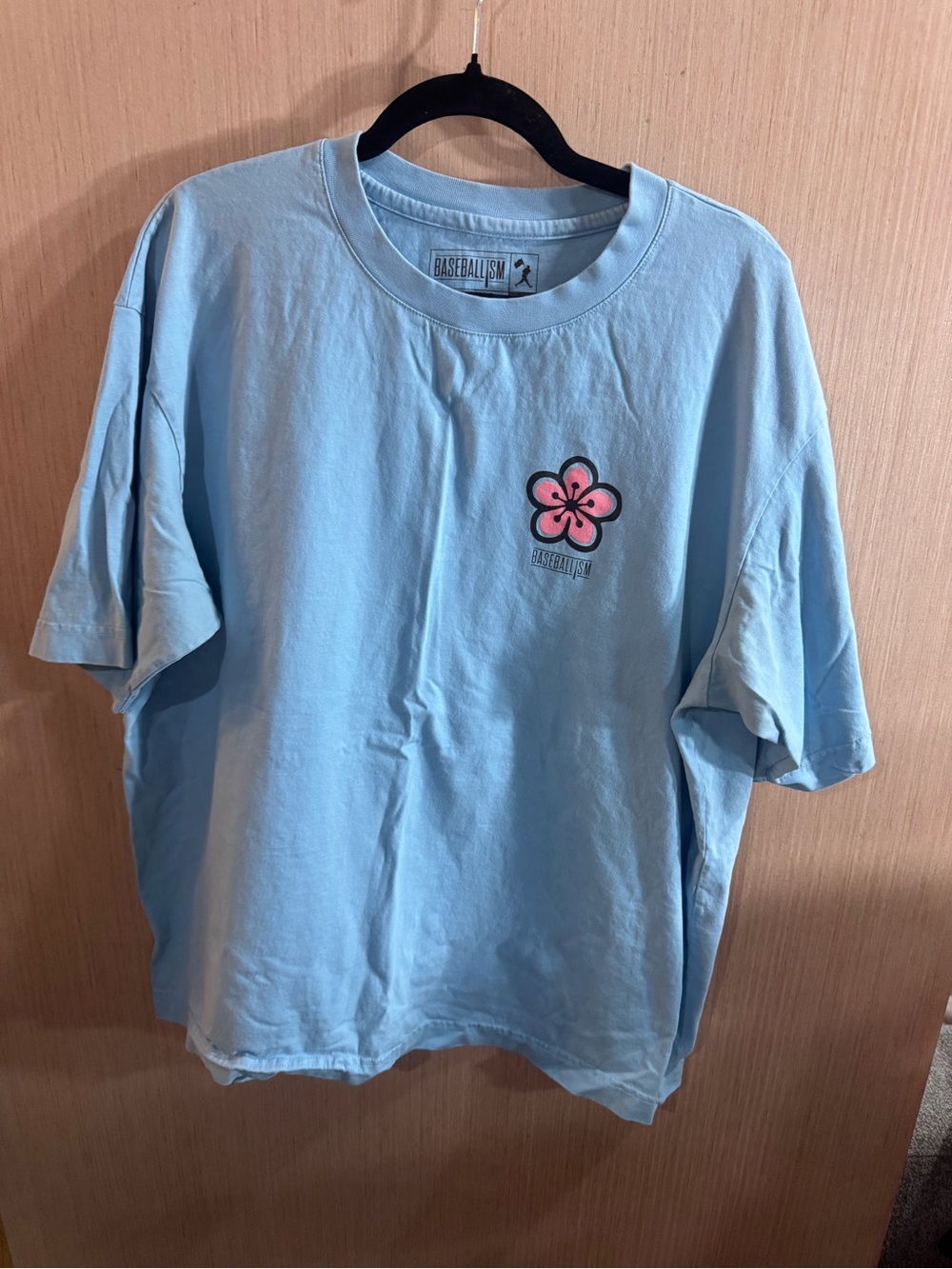 Men’s Baseballism Light Blue Graphic Tee with Pink Flower Size XL